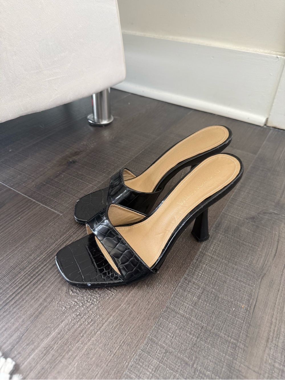 Black Croc-Embossed High Heel Slide Sandals - Women's